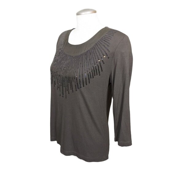 Chicos Size 1 US S 8 Womens Brown Sequin Front T Shirt Long Sleeve Stretch - Picture 3 of 6